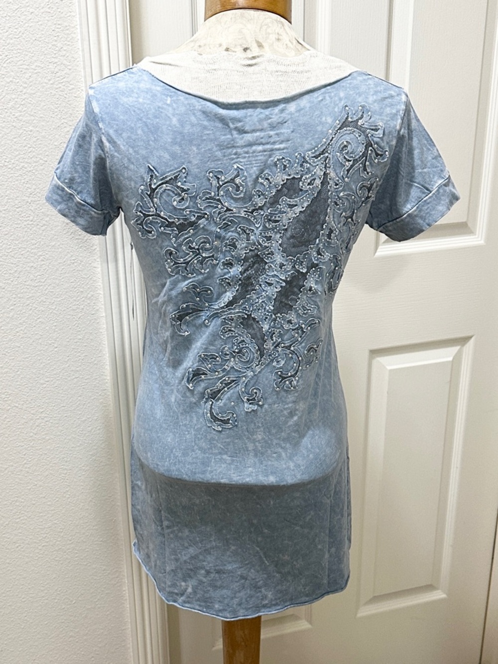 Witness Light Blue Silver Stud/Rhinestone Embellished Short Sleeve T-Shirt - L